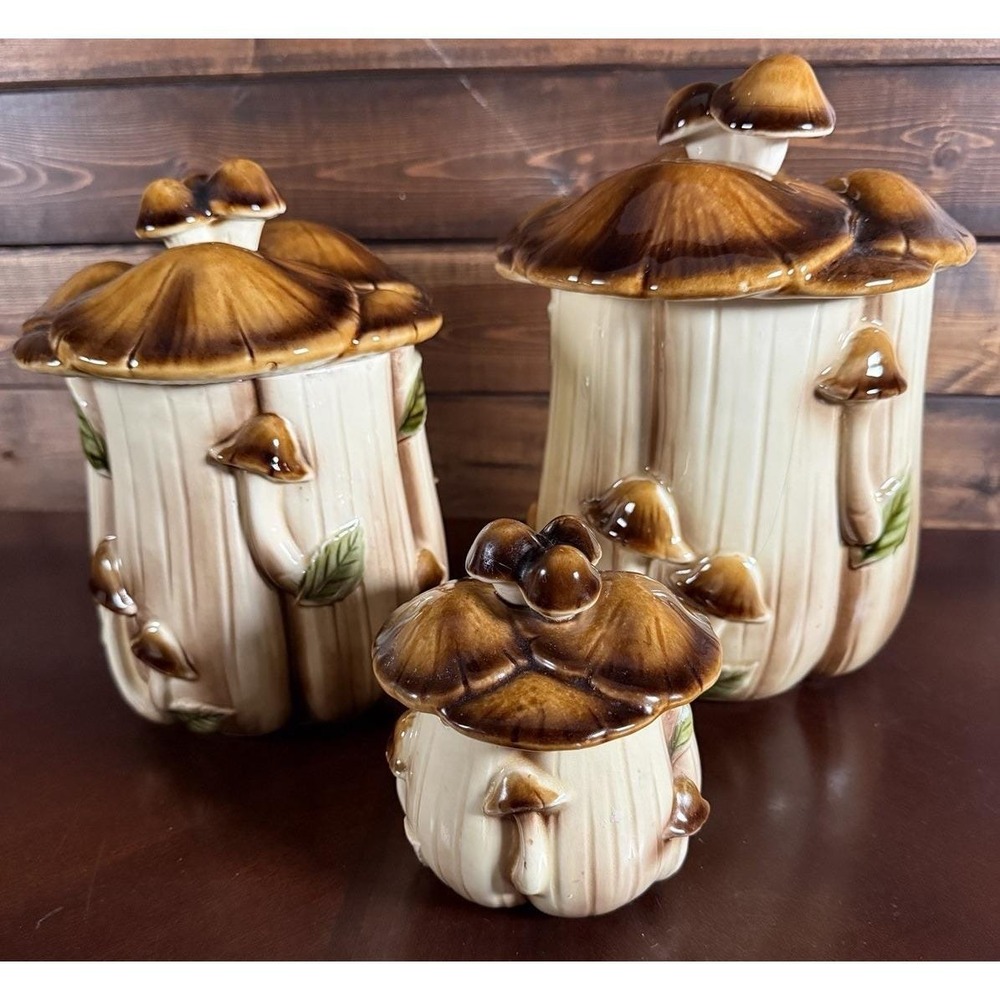 Vintage Homco Ceramic Mushroom Canisters Set Of 3 Small, Medium & Large